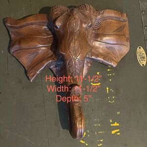 Hand Carved Wooden Elephant Head Wall Hanging Sculpture Boho Safari Decor 11.5in